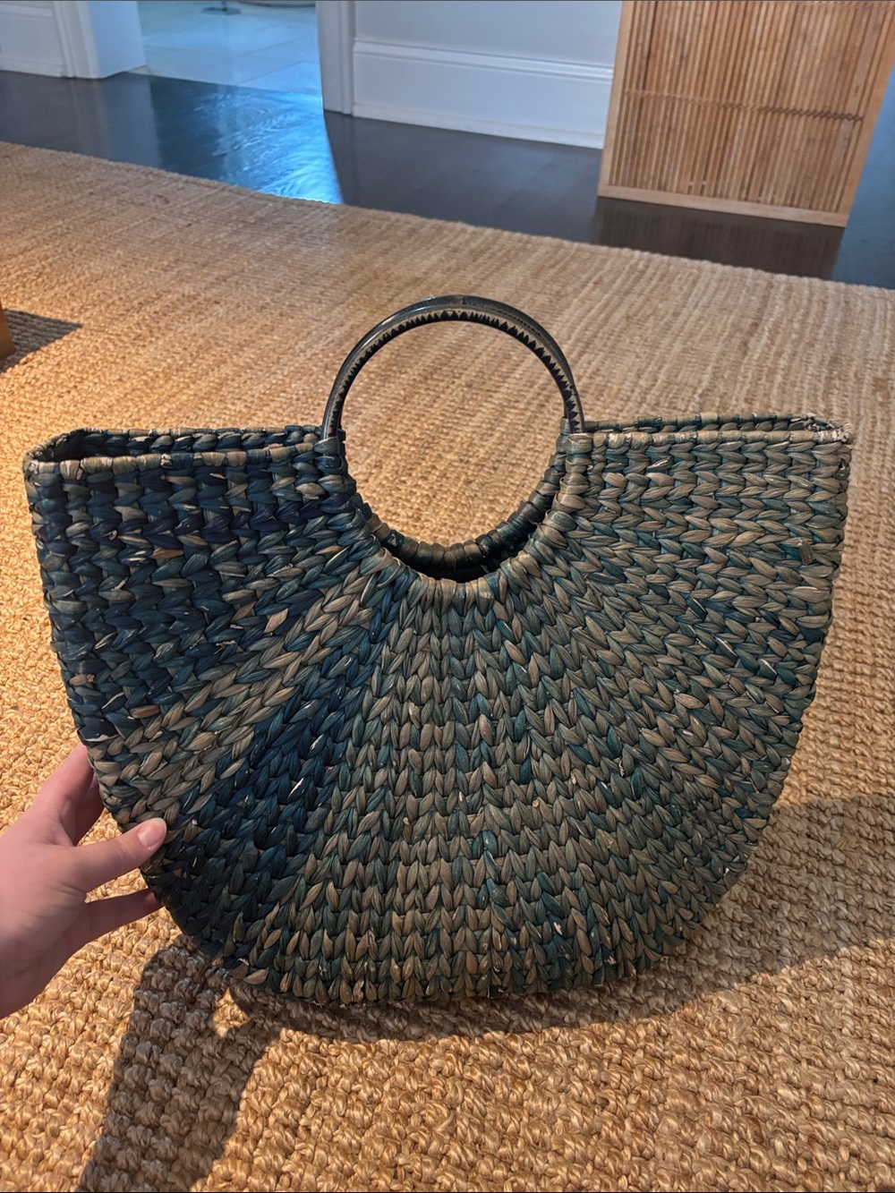 Missoni Half Moon Woven Straw Tote Bag with Round Handles - Blue Green